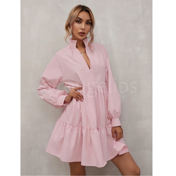 Baby Pink Long Sleeve Loose Fitting Mini Short Dress V-Neck Notch Neck - Picture 2 of 8